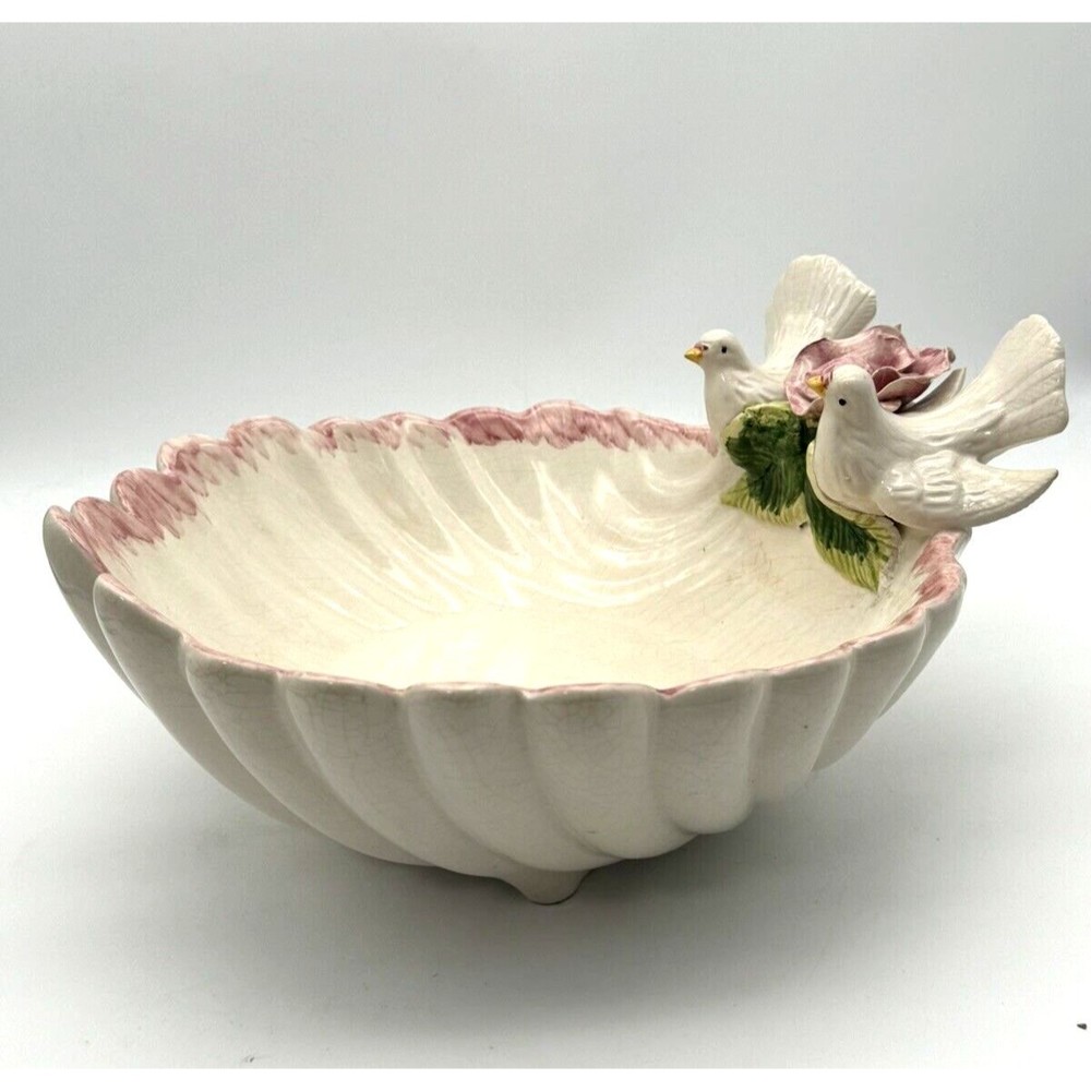 Vintage Bowl Birds Leaf Pink Rose 10 1/2” x 11”